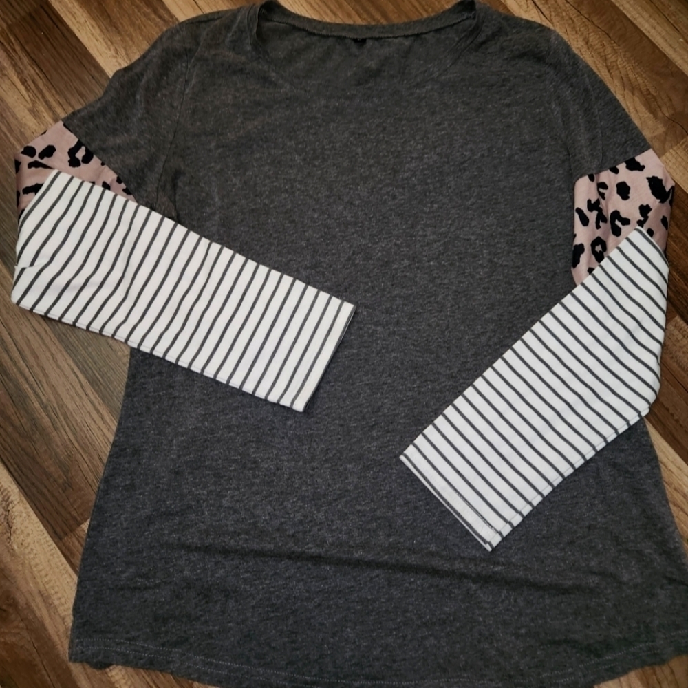 Casual Stripe/Leopard Long Sleeve Pullover Loose Lightweight Tunic Shirt Size L - Picture 2 of 3